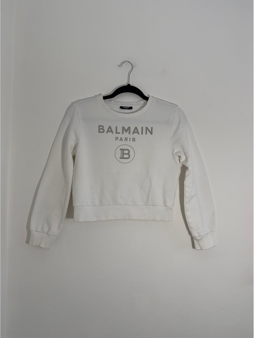 Balmain Paris Kids White Logo Cropped Sweatshirt 16A Cotton Crewneck Pullover